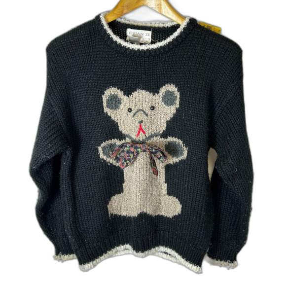 Vintage 90s Evian II Black Crewneck Sweater with Brown Fuzzy Teddy Bear Size M - Picture 3 of 11